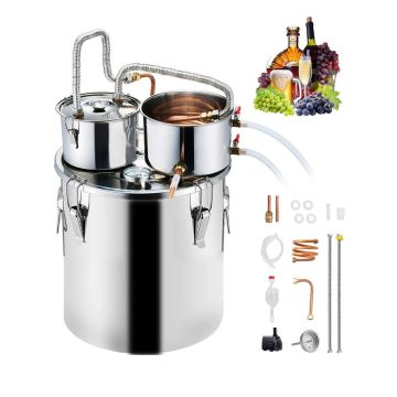 Alcohol distillation apparatus, 30 L, stainless steel, with copper spiral and double condenser, silver color