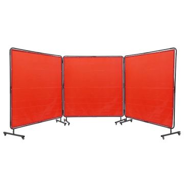Red welded mesh with frame, 1.8x1.8 m, 3 panels, fireproof vinyl, on 12 casters