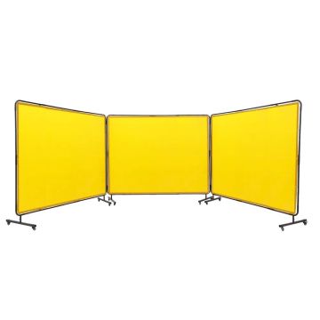 Welding screen with frame, 6x8 feet, 3 panels, fireproof, yellow, on casters