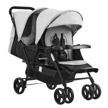 Double folding baby stroller with tandem seats, gray/black