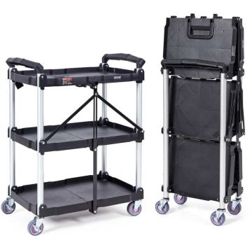 Foldable plastic tool trolley, 3 shelves, wheels, 65x39x83 cm