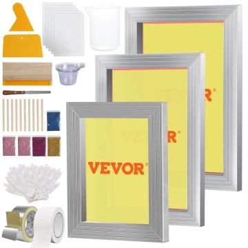 Screen printing kit, 3 aluminum frames 6x10/8x12/10x14 inches, 110 meshes, squeegees, glitter, films