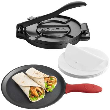 Cast iron tortilla press 10 inches with handle and parchment paper