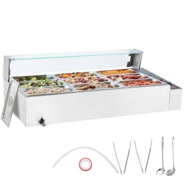 Commercial electric food warmer, 1500 W, stainless steel, with glass, 9 containers