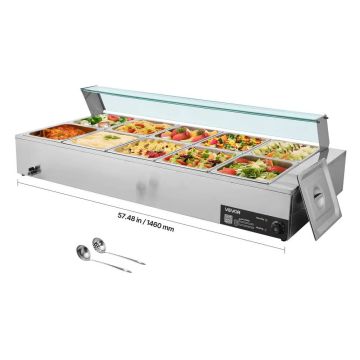 Electric Commercial Stainless Steel Food Warmer, 1700W, 10 Containers