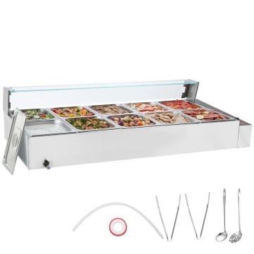 Commercial electric food warmer with countertop, 10 x 7.6 L, glass panel