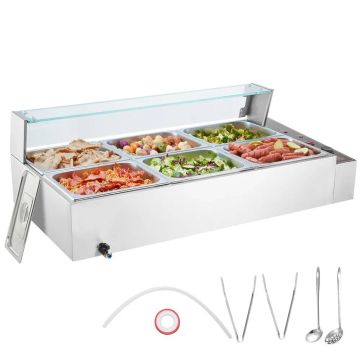 Electric 6-pan food warmer, stainless steel, silver
