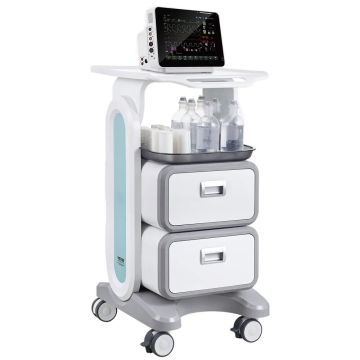 3-tier white mobile laboratory trolley with 2 drawers and 1 tray