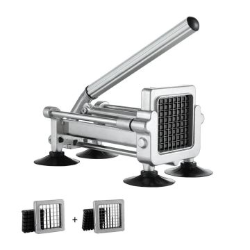 Manual potato slicer with stainless steel blades and suction cups