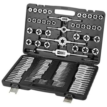 Thread tap and die set, 110 pieces, M2–M18, steel, in case