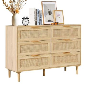 Komoda rattanowa z 6 szufladami, brązowa, w stylu boho, z miejscem do przechowywania