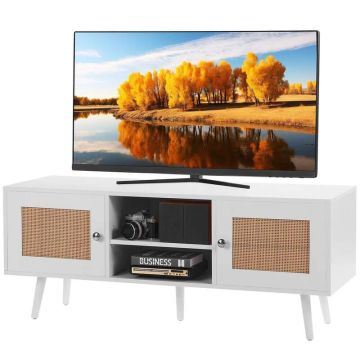 Stojak pod telewizor z rattanu 55 cali, biały, regulowane półki