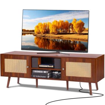 Stojak pod TV rattanowy 65 cali, USB, kolor orzechowy