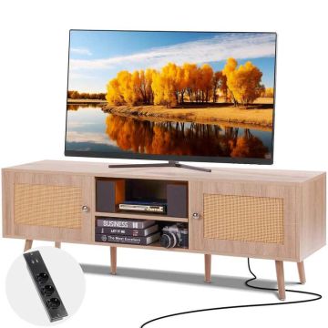 Stojak pod TV z rattanu 65" w kolorze dębu z wbudowanym gniazdkiem
