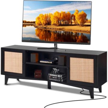 Stojak pod telewizor rattanowy do telewizora 75 cali, czarny, z drzwiami i półkami