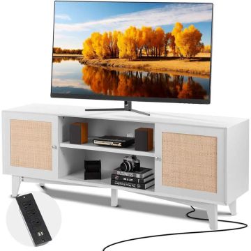 Stojak pod TV rattanowy, 191 cm, biały, boho