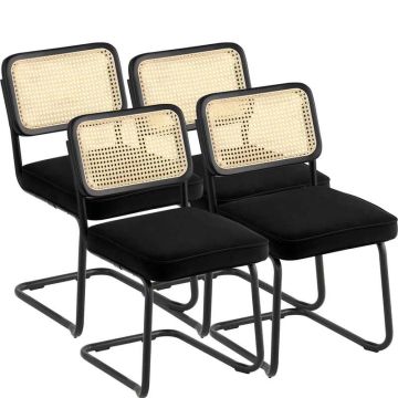 Rattan chair set of 4, black velvet dining chairs