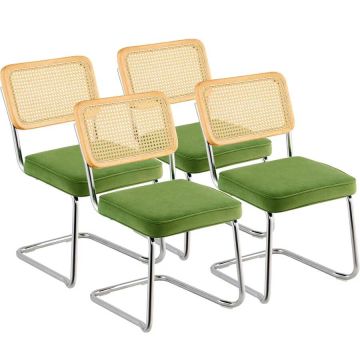 Rattan chair set of 4, green velvet upholstery, retro style