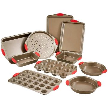 Non-stick carbon steel baking pan set, 10 pieces, with silicone handles