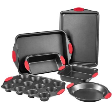 Baking tray set, 6 pieces, non-stick carbon steel, with silicone handles
