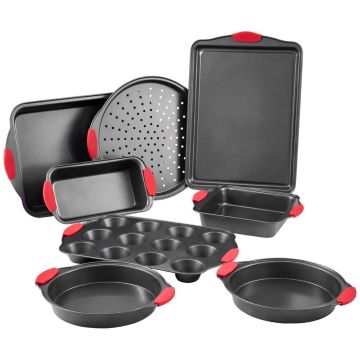 Baking tray set, 8 pieces, non-stick carbon steel with silicone handles