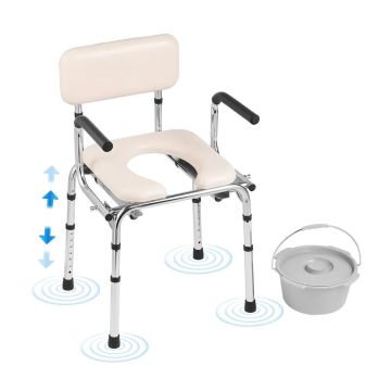 Portable toilet for adults and seniors, commode with padded seat, armrests, adjustable height
