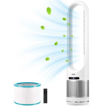 Tower floor fan with HEPA filter, 8 speeds, 80° oscillation, timer, remote control