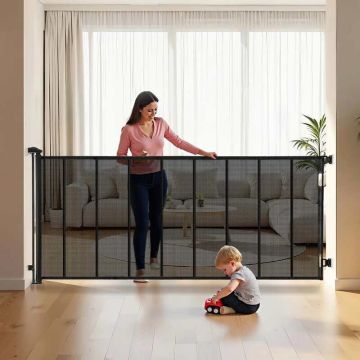 Retractable black baby gate, 990 mm high, up to 5150 mm wide, with reinforced fiberglass strips