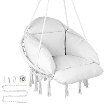 Hanging macrame hammock swing chair with cushion, white