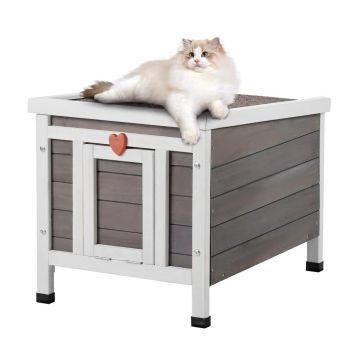 Wooden Outdoor Cat and Rabbit House with PVC Door, Weatherproof, 21x17x17 inches