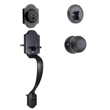 Front door handle and latch, brushed bronze, adjustable clearance, single cylinder