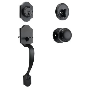 Front matte black door handles and latch, single cylinder, adjustable hole spacing
