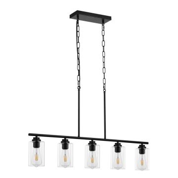 Lampa wisząca nad wyspę kuchenną, 5-punktowa, regulowana, szkło przezroczyste, metalowa rama, rustykalna, 60 W, E27
