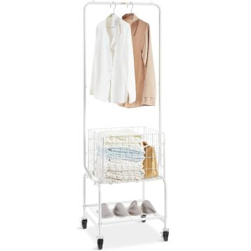 Metal laundry basket with hanging bracket and shelves