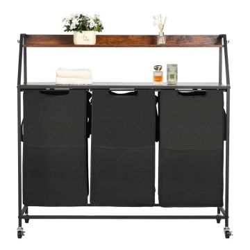 2-Tier Laundry Sorting Bin with Metal Frame and Wooden Top, 3-Piece Organizer with 600D Oxford Cloth