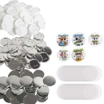 Set of 3 inch (75 mm) round button badge parts with metal cap, plastic and gift paper, 200 pcs.