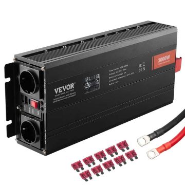 Modified sine wave inverter, 3000 W, DC 12 V to AC 230 V, LCD display, 3 AC outlets, 2 USB, Type-C port