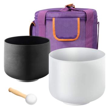2 pcs. crystal singing bowls, 8" and 10", A and F notes, with accessories