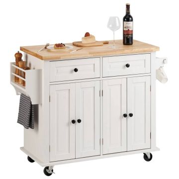Wózek kuchenny wyspowy z blatem z litego drewna, 90 cm, biały