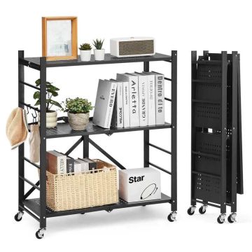 Półka metalowa składana 3-poziomowa, 30x13x36 cali, z kółkami i haczykami, czarna