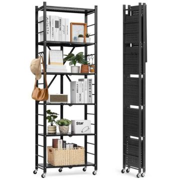 6-poziomowa składana metalowa półka do przechowywania, 24 x 12 x 72 cale, czarna, z kółkami i haczykami