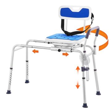 Sliding bath bench with swivel seat, armrest and safety belt, 180 kg capacity