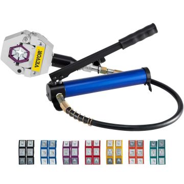 Detachable hydraulic hose crimper with hand pump, 7 dies, for air conditioning and automotive pipe repairs