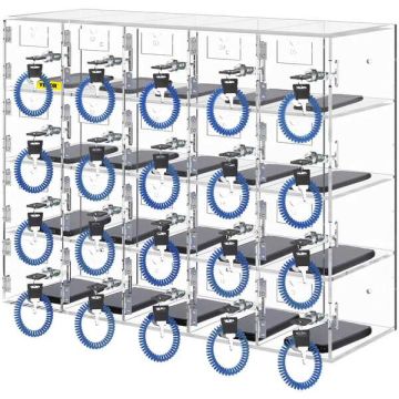 Mobile phone storage cabinet, 20 slots, acrylic, clear, with door locks