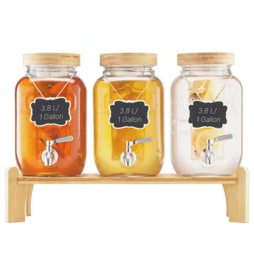 Beverage dispensers 3 x 3.8 L with wooden stand and stainless steel tap