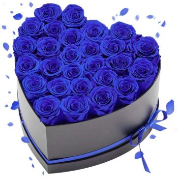 Eternal flowers: 27 royal blue roses in a heart-shaped box