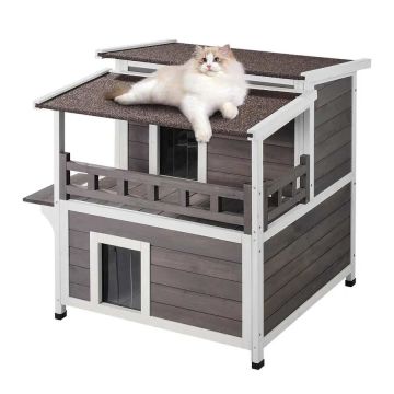 Outdoor wooden cat house, weatherproof, double, with balcony, 30x30x32"