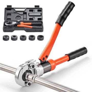 Hydraulic pipe crimping tool with V12-V28 jaws and case