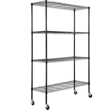 Regał magazynowy z kółkami, metalowy, 4 poziomy, udźwig 700 funtów, czarny, 47 x 18 x 74 cale