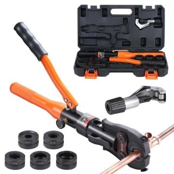 Hydraulic pipe crimping tool with V12–V28 pressing jaws, 360° rotatable, crimping pliers for tight spaces